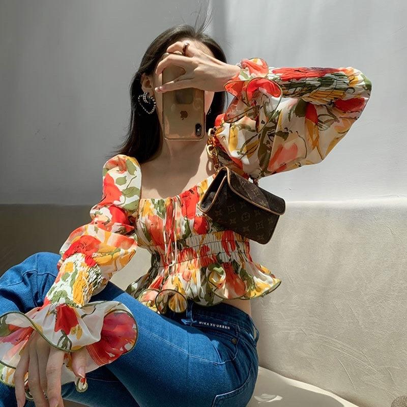 Set áo hoa tay dài chân váy xoè LalaClothing