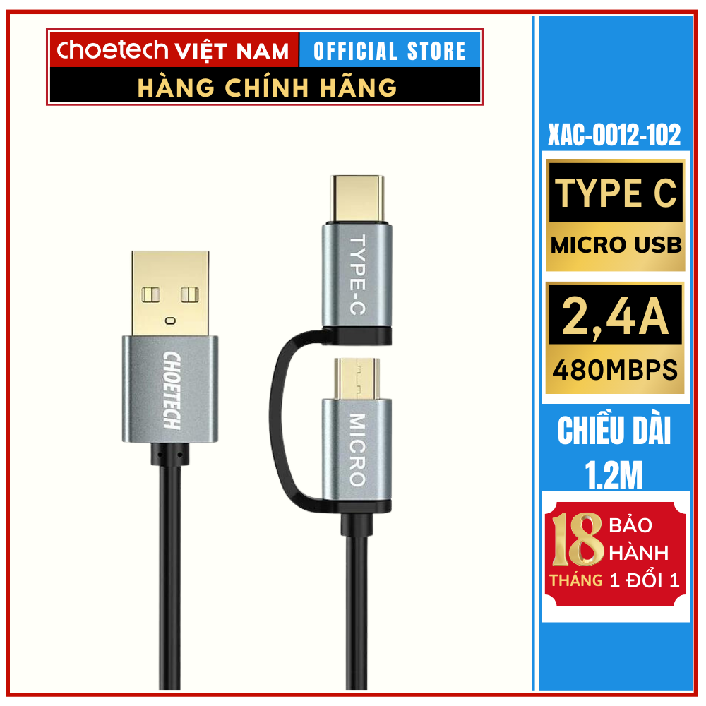 Cáp sạc 2 in 1 USB to Type C+ Micro Choetech XAC-0012