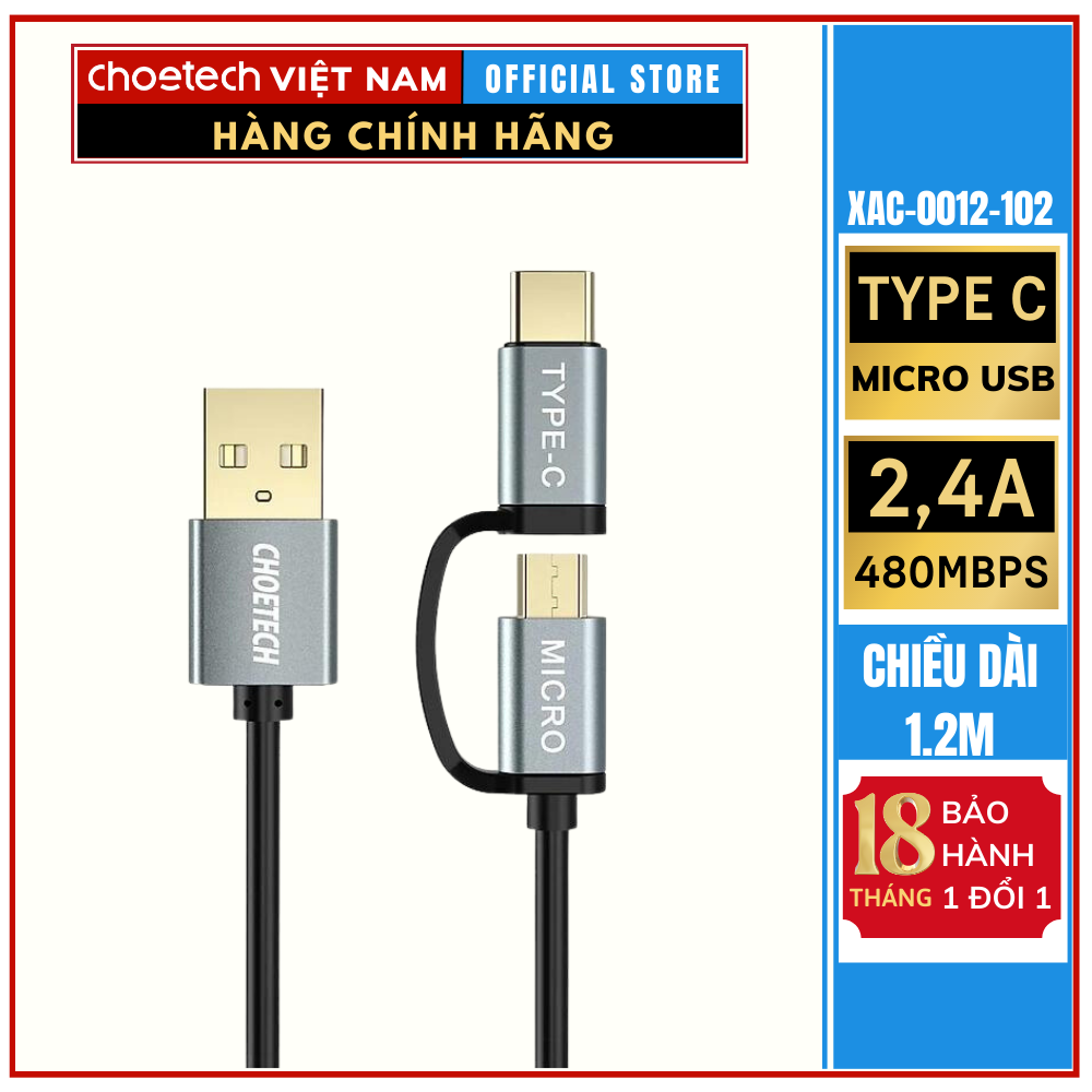 Cáp sạc 2 in 1 USB to Type C+ Micro Choetech XAC-0012 (Hàng chính hãng)