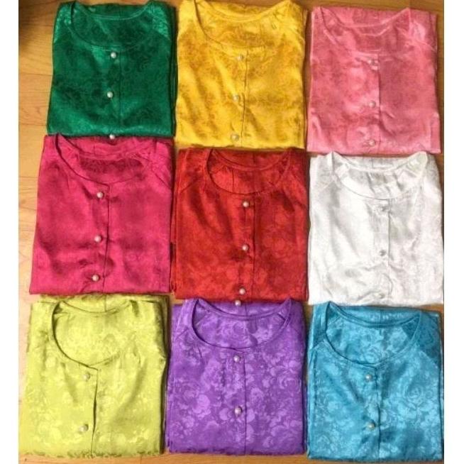 Set bộ bà ba nữ Tết gấm cổ tròn đủ màu đủ size - Xanh dương quần đen