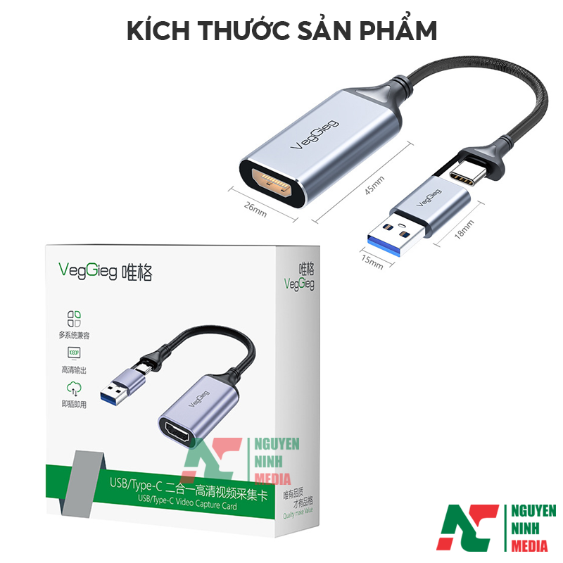 Bộ Cáp Live Stream, Ghi Hình HDMI to USB 3.0 Video Capture Card VEGGIEG VZ632 (VZ624) 1080P 60FPS - Hỗ Trợ Live Stream, Ghi Hình Từ Điện Thoại, Camera, PS5, XBOX 1080P 60FPS - Hàng Chính Hãng