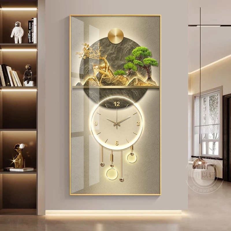 (HCM) Tranh đồng hồ tráng gương họa tiết sang trọng hươu vàng bên núi làm quà tân gia kèm đinh treo
