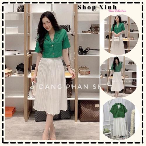 Set Áo Cổ Vest Croptop Túi Hộp Mix Chân Váy Xếp Li Trắng Dài