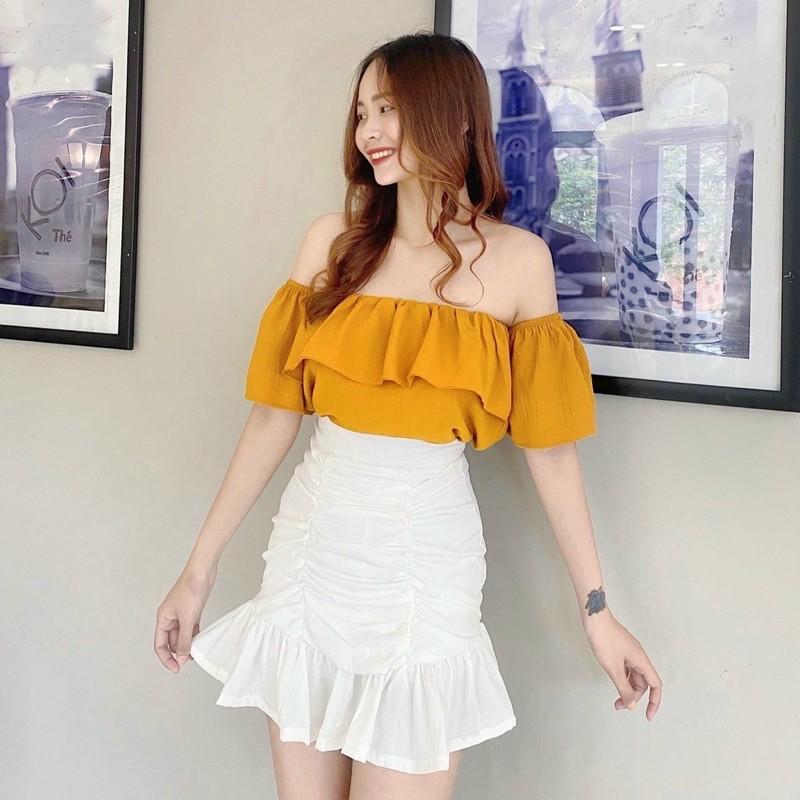Áo croptop rớt vai voan tầng thời trang quyến rũ