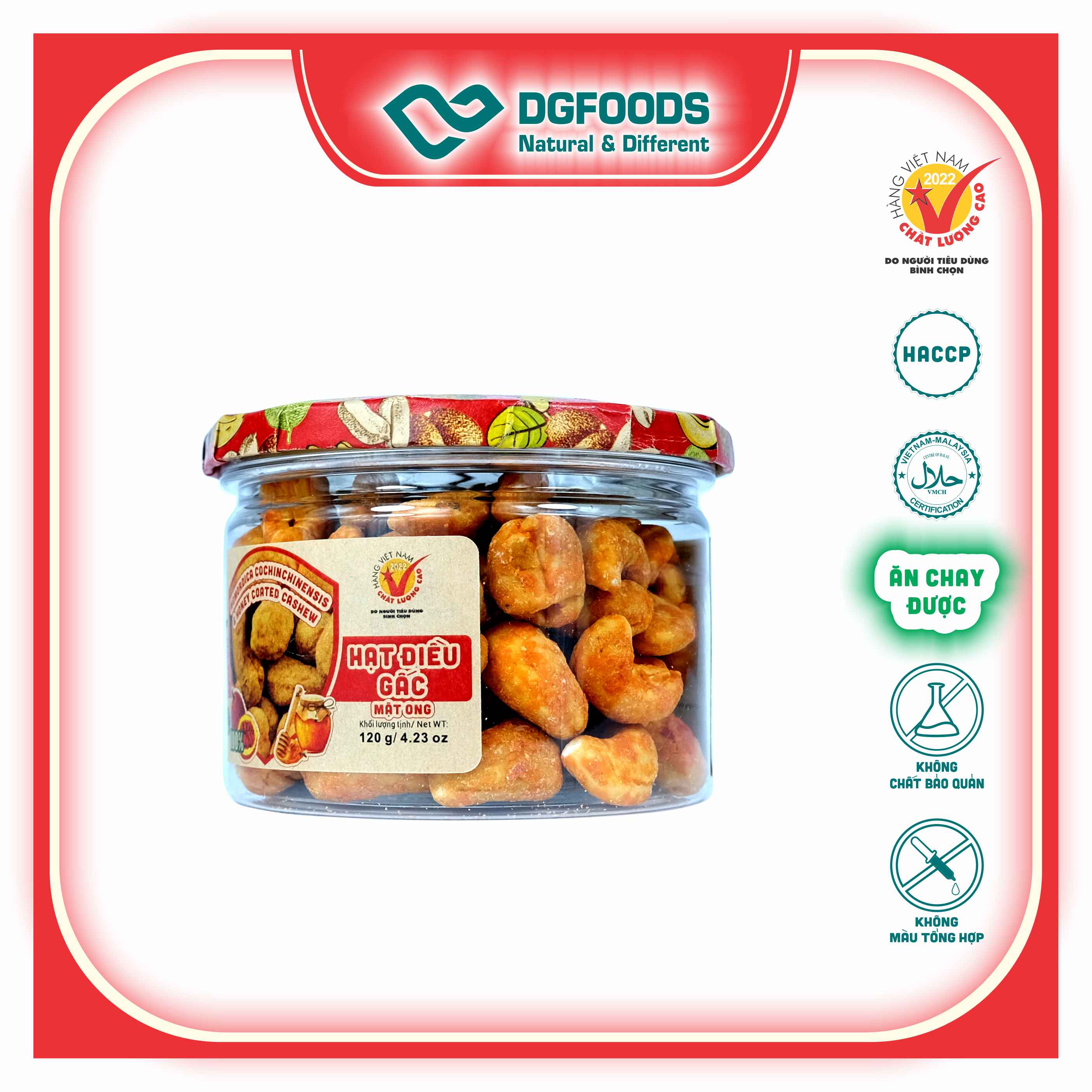 Hạt Điều Gấc Mật Ong DGfoods 120g/ Momordica cochinchinensis &amp; honey coated cashew/ HVNCLC, Haccp, Halal, Ăn chay, Ăn kiêng, Đặc sản Cần Thơ, Hạt điều bình phước, quà Tết, quà tặng, hạt dinh dưỡng