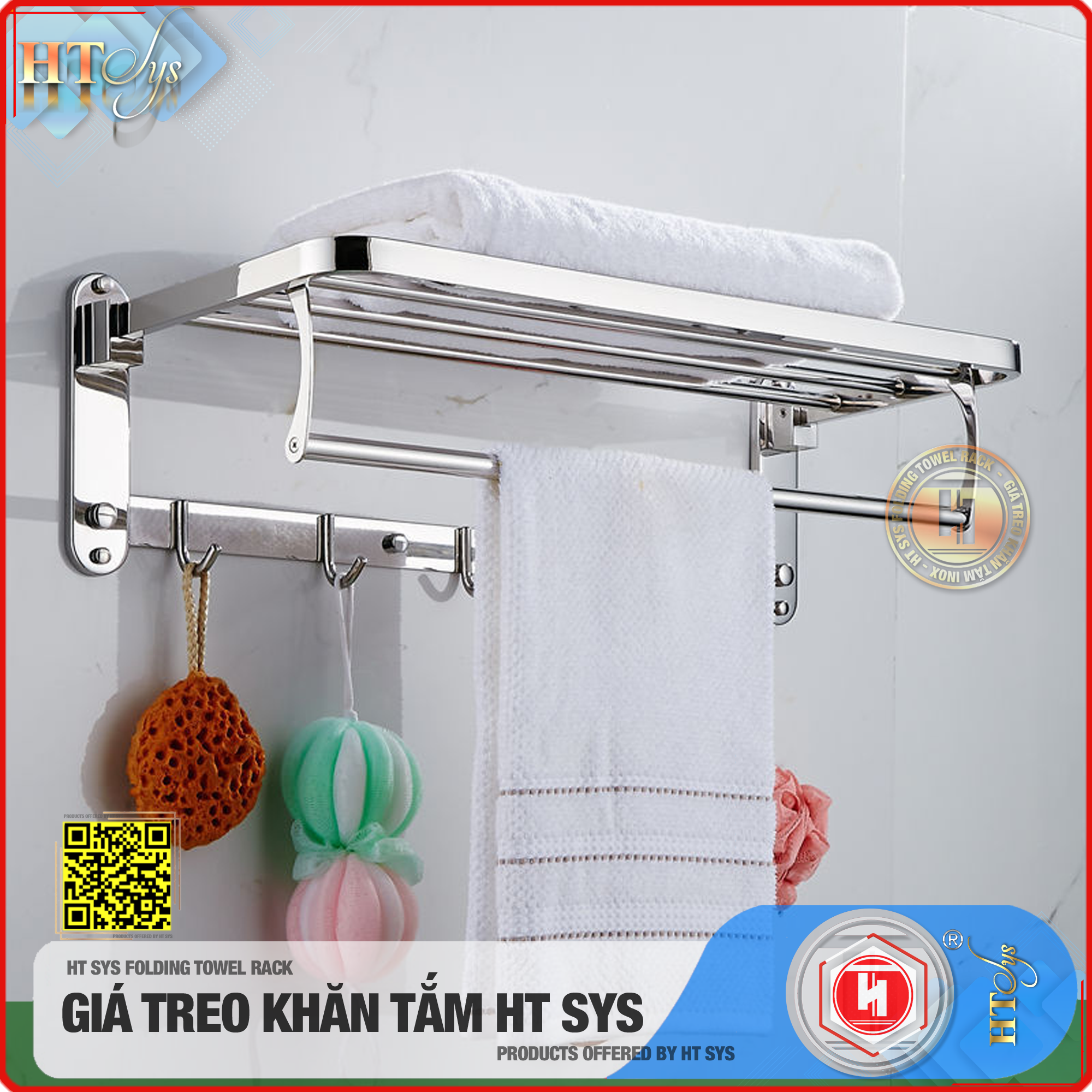 Kệ nhà tắm inox 304 cao cấp HT SYS - HTGT02 - Tích hợp giá treo khăn tắm, vắt khăn tắm, móc treo đồ -Hàng Chính Hãng