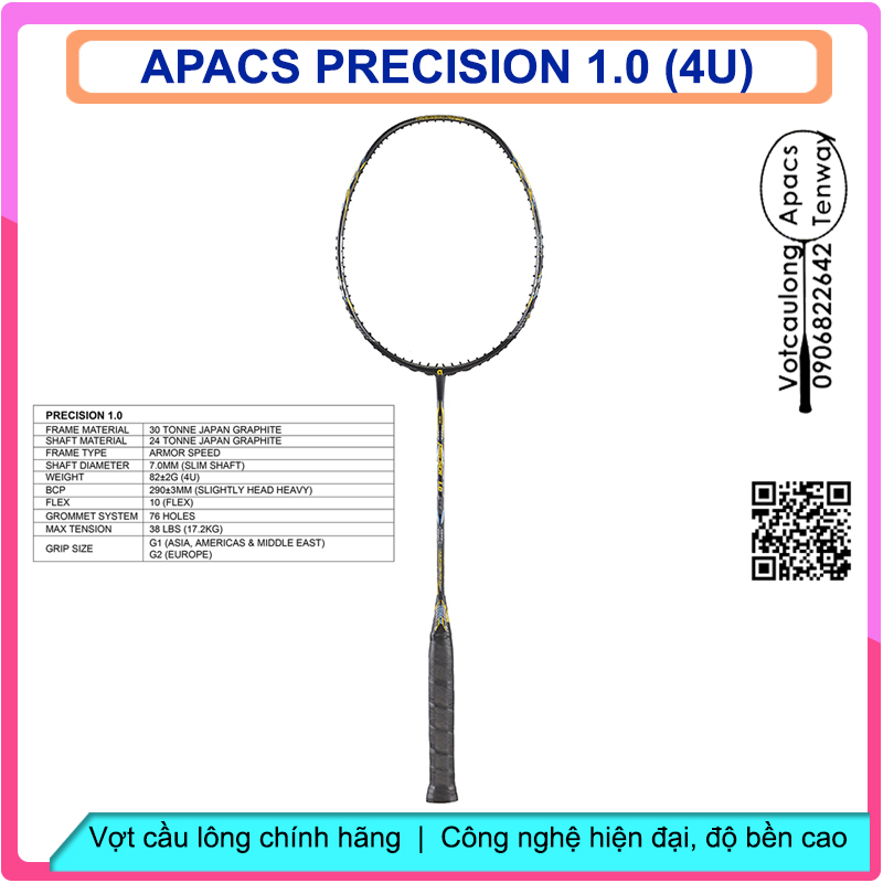 Vợt cầu lông Apacs Precision 1.0 - 4U | Vợt 4U thân dẻo, thiên công hơi nặng đầu, chịu lực đan lưới cao