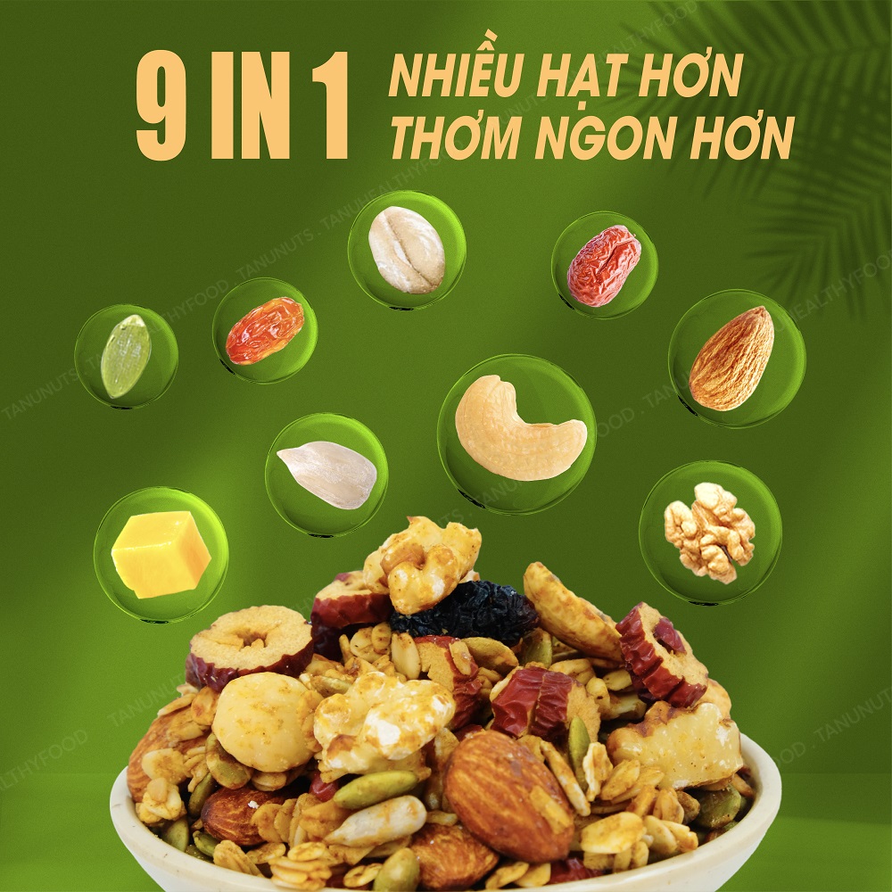 Granola siêu hạt 15% yến mạch TANU NUTS, ngũ cốc ăn kiêng giảm cân không đường tốt cho gym, yoga