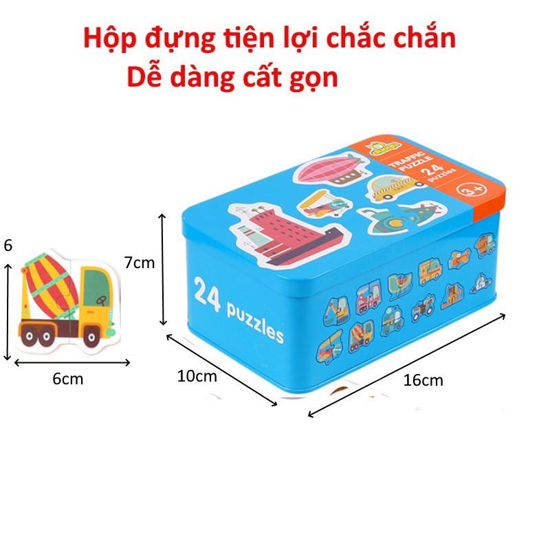 Xếp hình cho bé Puzzle 2 mảnh ghép 24 hình xe cộ hộp thiếc cho bé tập ghép