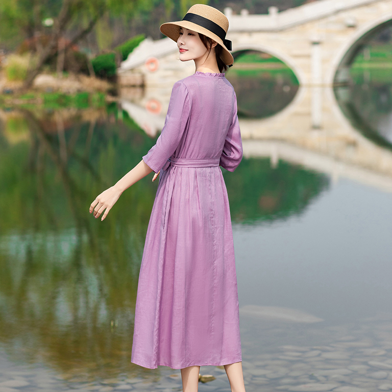 Đầm linen nữ cổ bèo nhăn, phối cúc, kiểu dáng Retro thời trang nữ Đũi Việt DVDA62