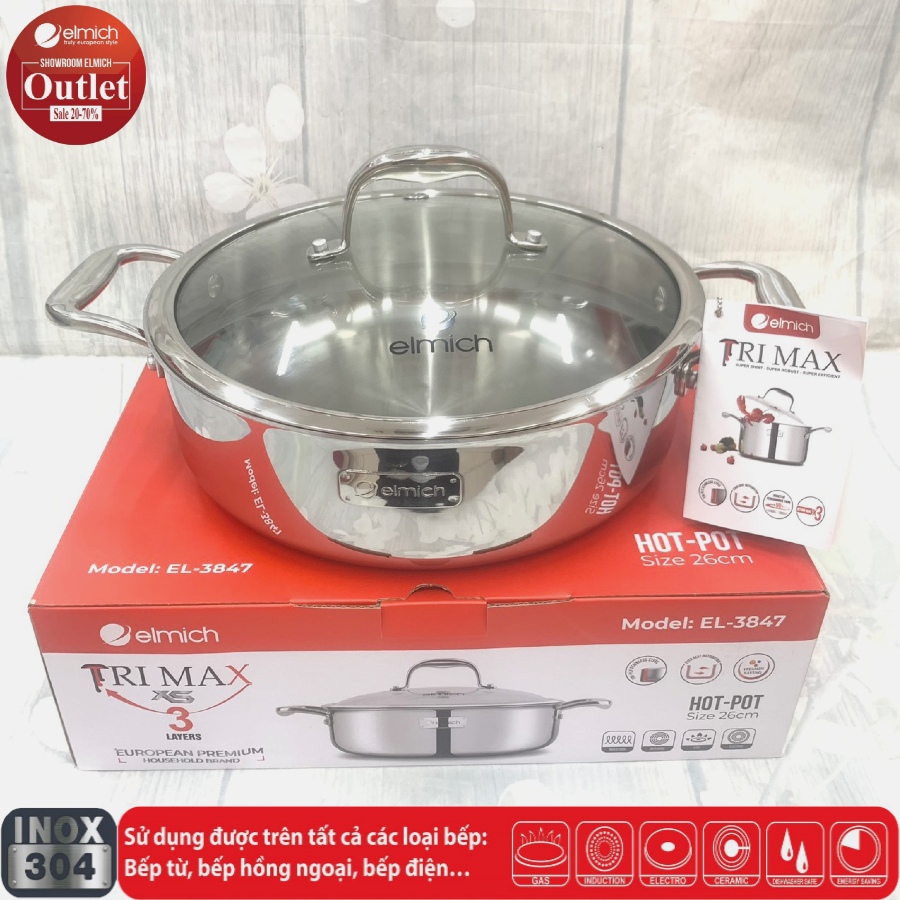 Chảo Xào Inox 304 3 lớp Đáy Liền ELMICH TrimaxXS EL3847 26cm