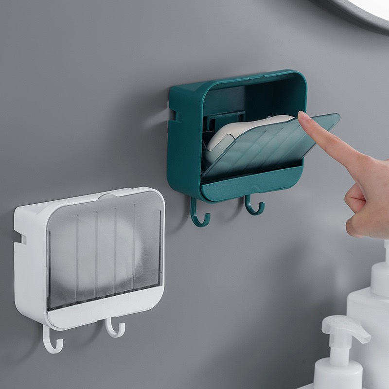 Hộp đựng xà phòng có nắp, bình đựng xà phòng treo tường kèm móc treo khăn đa năng