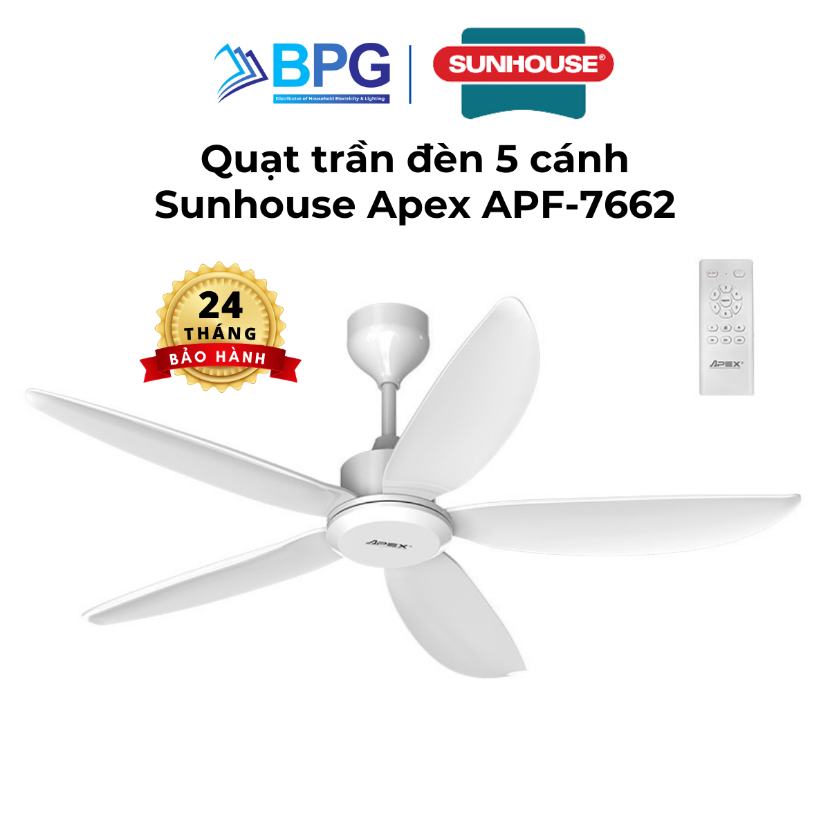 Quạt Trần Sunhouse Apex 5 cánh APF-7662 APF-7663, công suất 57W, cánh quạt sải rộng, điều khiển từ xa, Hàng chính hãng
