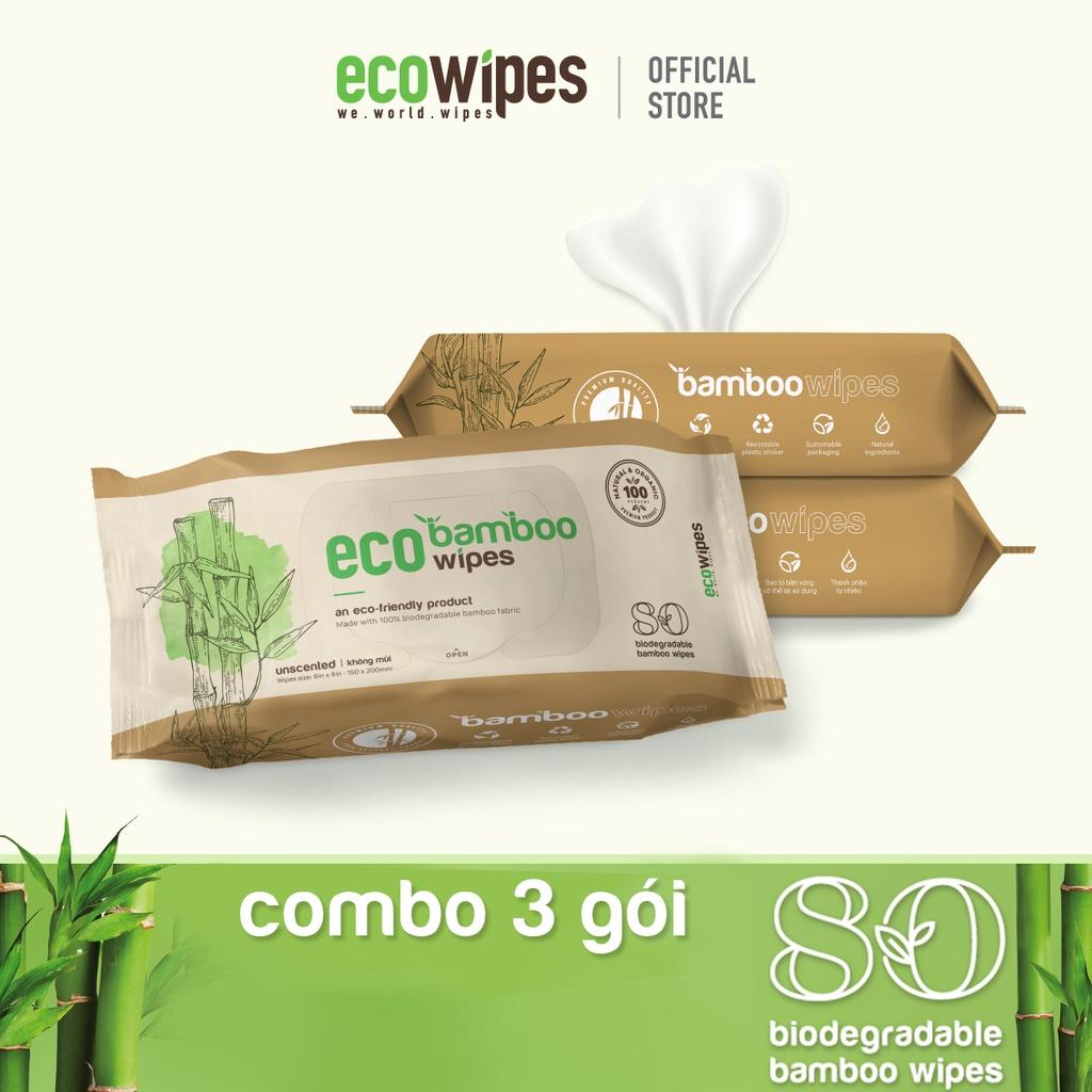Combo 03 gói khăn giấy ướt cao cấp EcoWipes Bamboo gói 80 tờ vải sợi tre sinh thái không mùi có thể phân hủy