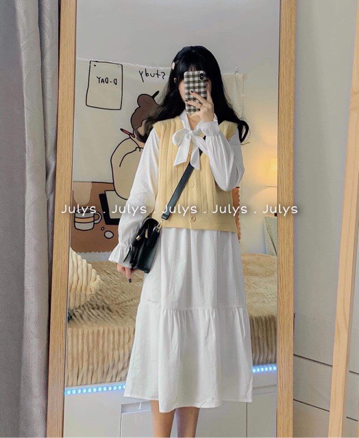 Váy đầm nữ dài tay buộc nơ ulzzang siêu xinh