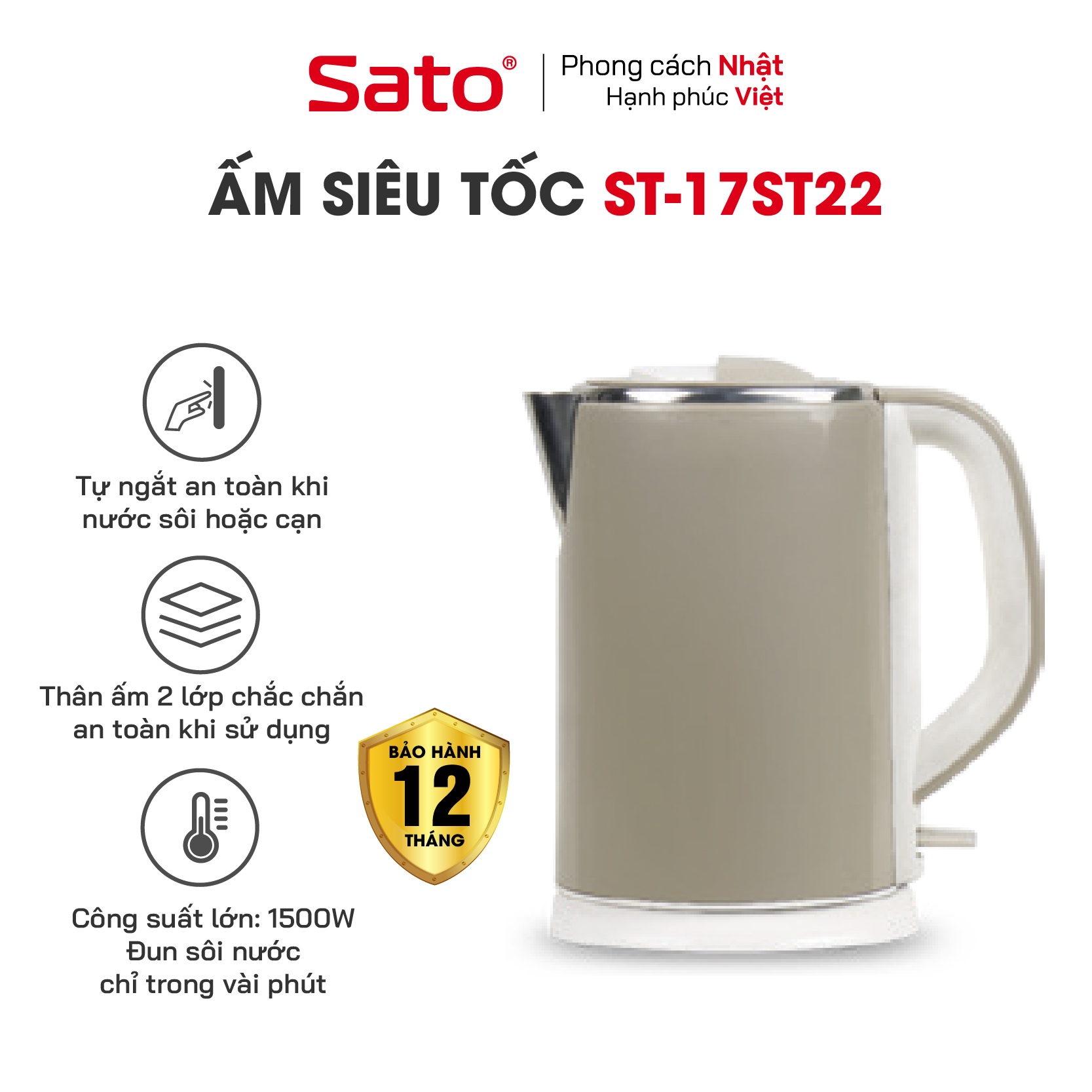 Ấm siêu tốc SATO 17ST22 1.8L - Ruột ấm  bằng inox cao cấp không gỉ, vỏ ngoài ấm bằng nhựa cao cấp cách nhiệt. Công suất 1500W đun sôi nước nhanh chóng - Miễn phí vận chuyển toàn quốc - Hàng chính hãng