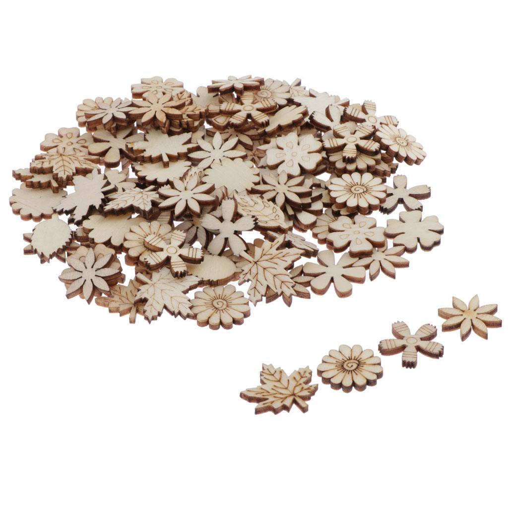 100Pcs Flower and Leaf Shapes Blank Wood Heart Embellishments Wood Birds Slices for Wedding, Valentine, DIY, Arts, Crafts, Card Making