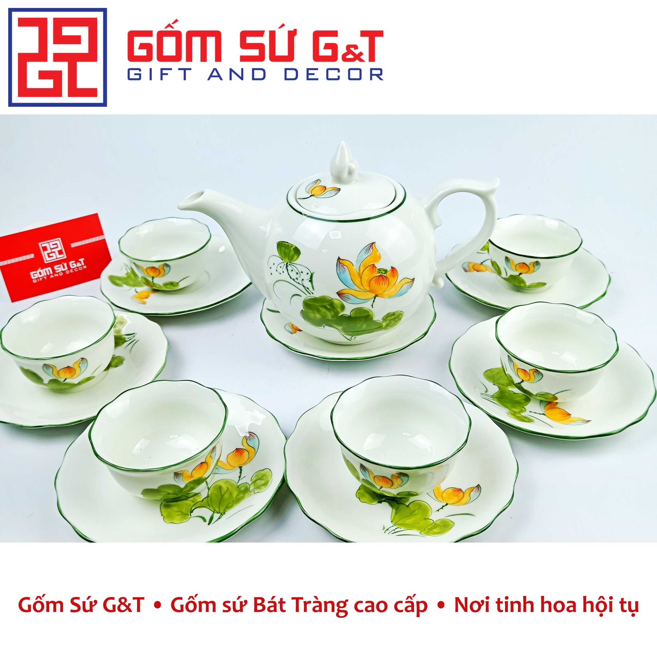 Bộ trà chóp lửa men kem vẽ sen vàng Gốm Sứ G&T