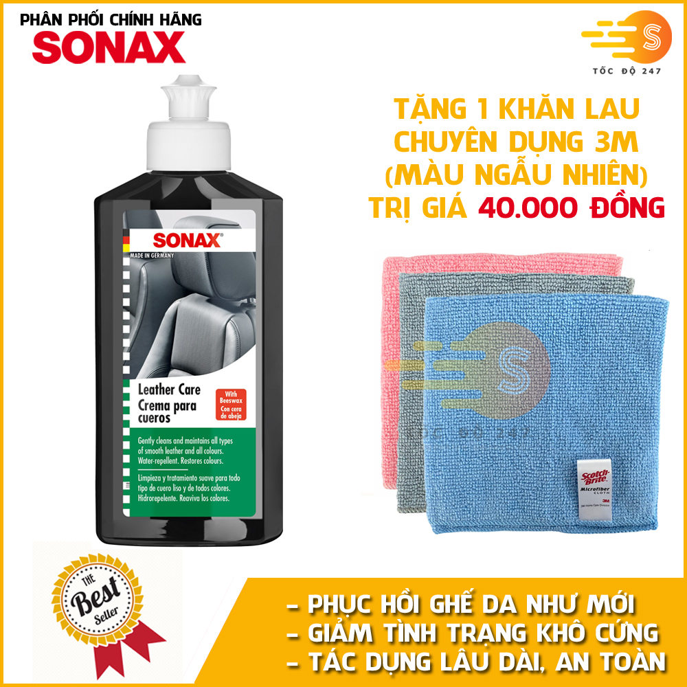Kem làm sạch và dưỡng ghế da chuyên dụng Sonax 291141 250ml - tặng 1 khăn 3M màu ngẫu nhiên - Không cần nước, kéo dài tuổi thọ da, hạn chế khô cứng và bong tróc, phục hồi da cũ