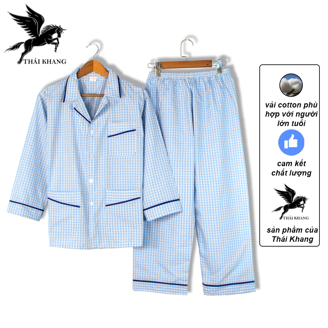 Bộ pijama nam dài tay trung niên vải cotton mặc mát thoải mái cho người già loại bộ đồ trung niên pijama mặc nhà loại caro (Giao ngẫu nhiên)
