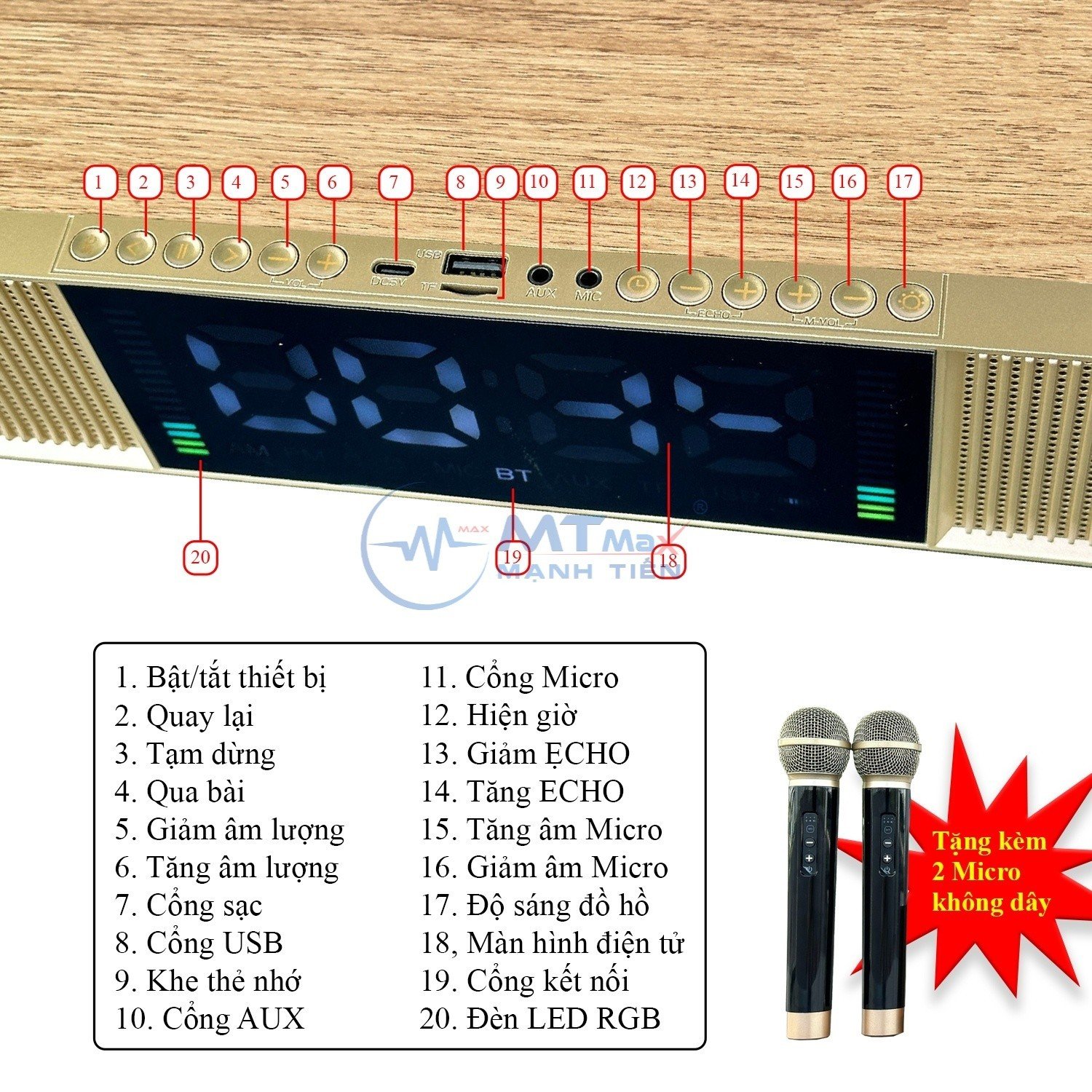 Loa Karaoke Peterhot A133 - Tặng Kèm 2 Micro Không Dây, Karaoke, Chơi Nhạc, Trang Trí, Bass Căng, Đèn Led RGB Nháy Theo Nhạc Hàng Chính Hãng