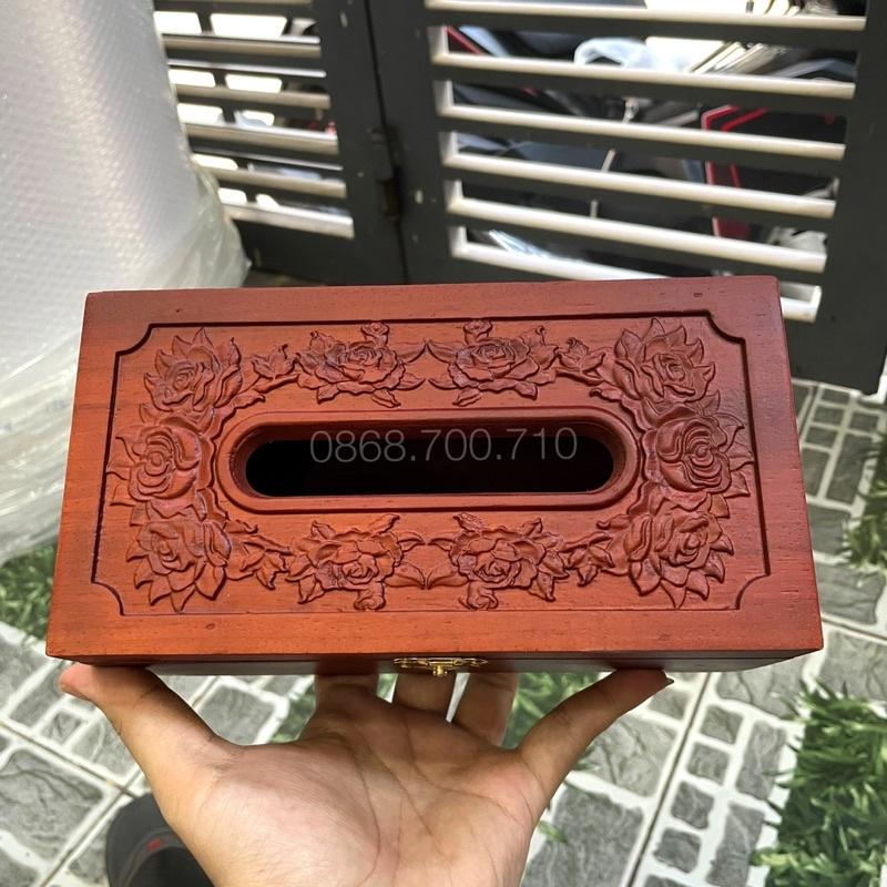 Hộp Đựng Giấy Ăn GỖ HƯƠNG Chạm Khắc Hoa Hồng Leo Có Viền