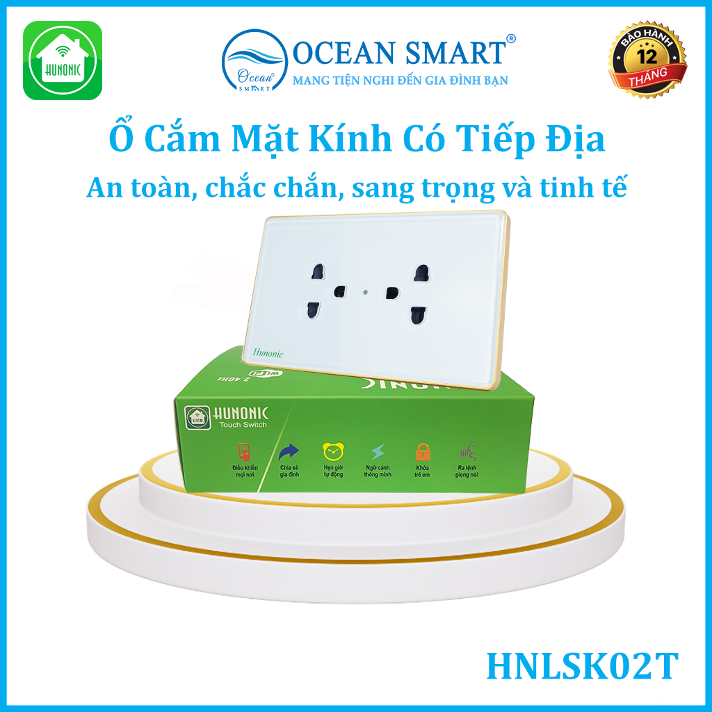 Ổ Cắm Mặt Kính Có Tiếp Địa Viền Vàng, Ổ Cắm Âm Tường 2 Ổ 3 Chấu - HNLSK02