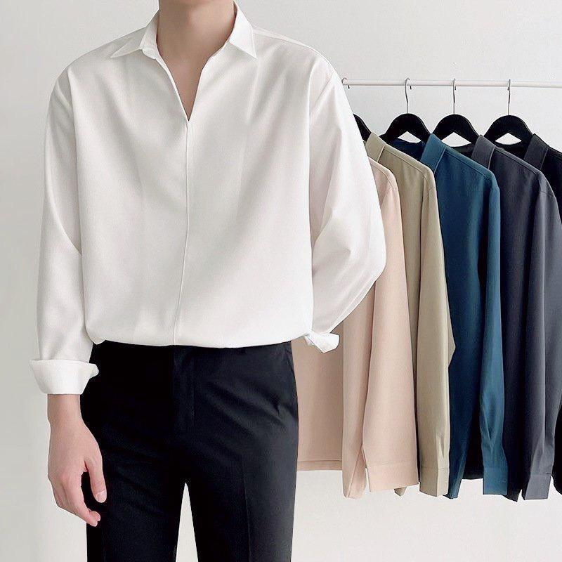 Sơ mi nam nữ cổ V vải lụa JBAGGY, Áó sơ mi form rộng Unisex nam nữ tay dài Hàn Quốc SMCV