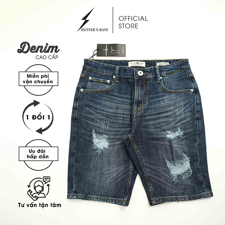 Quần Short Jeans Nam Rách Cao Cấp HUNTER X-RAYS Form Slimfit Thun Màu Xanh S60