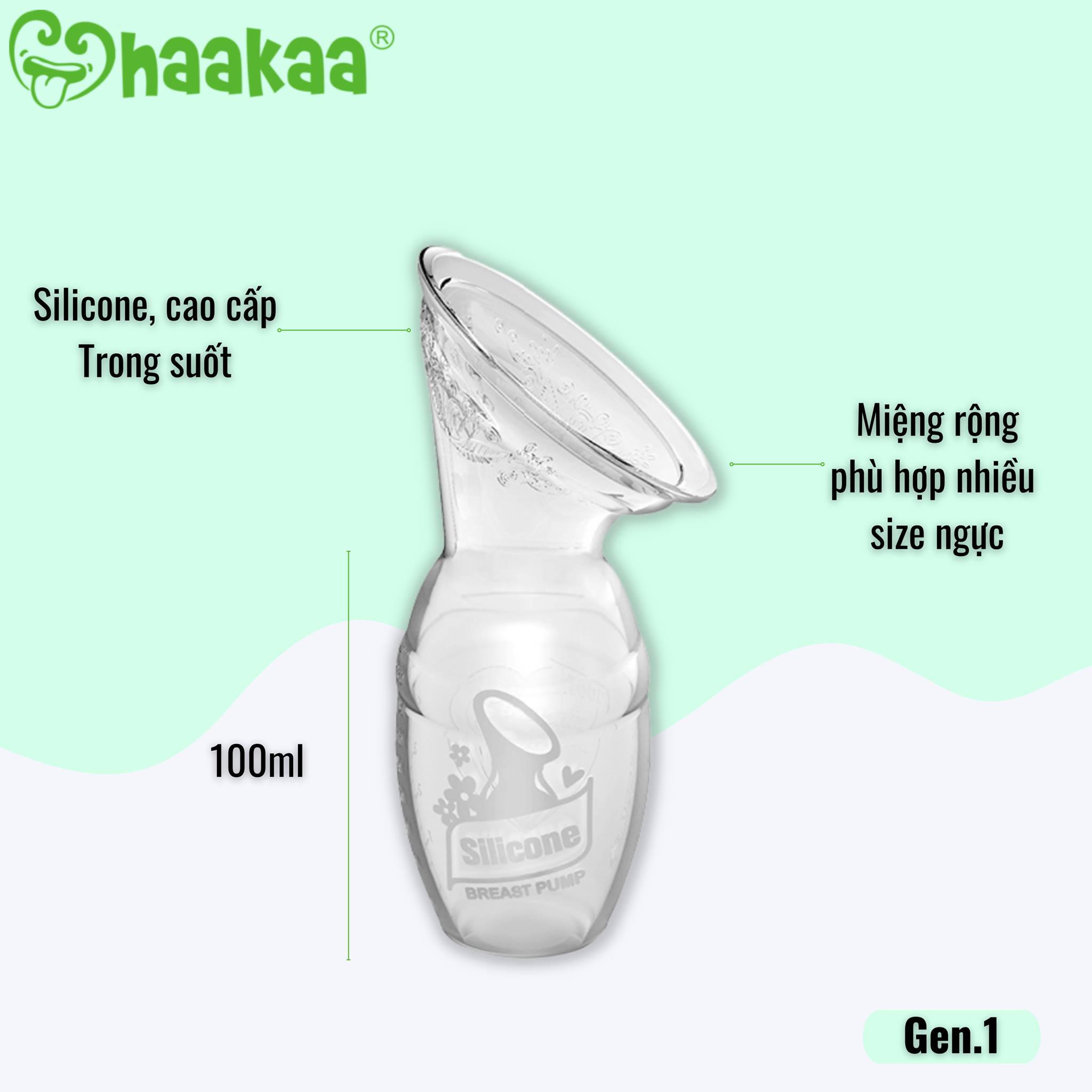 Cốc hứng sữa Gen.1 100ml Haakaa. Chất liệu silicone cao cấp, an toàn. Không chứa BPA, PVC và phthalate. Hút sữa, hứng sữa rảnh tay