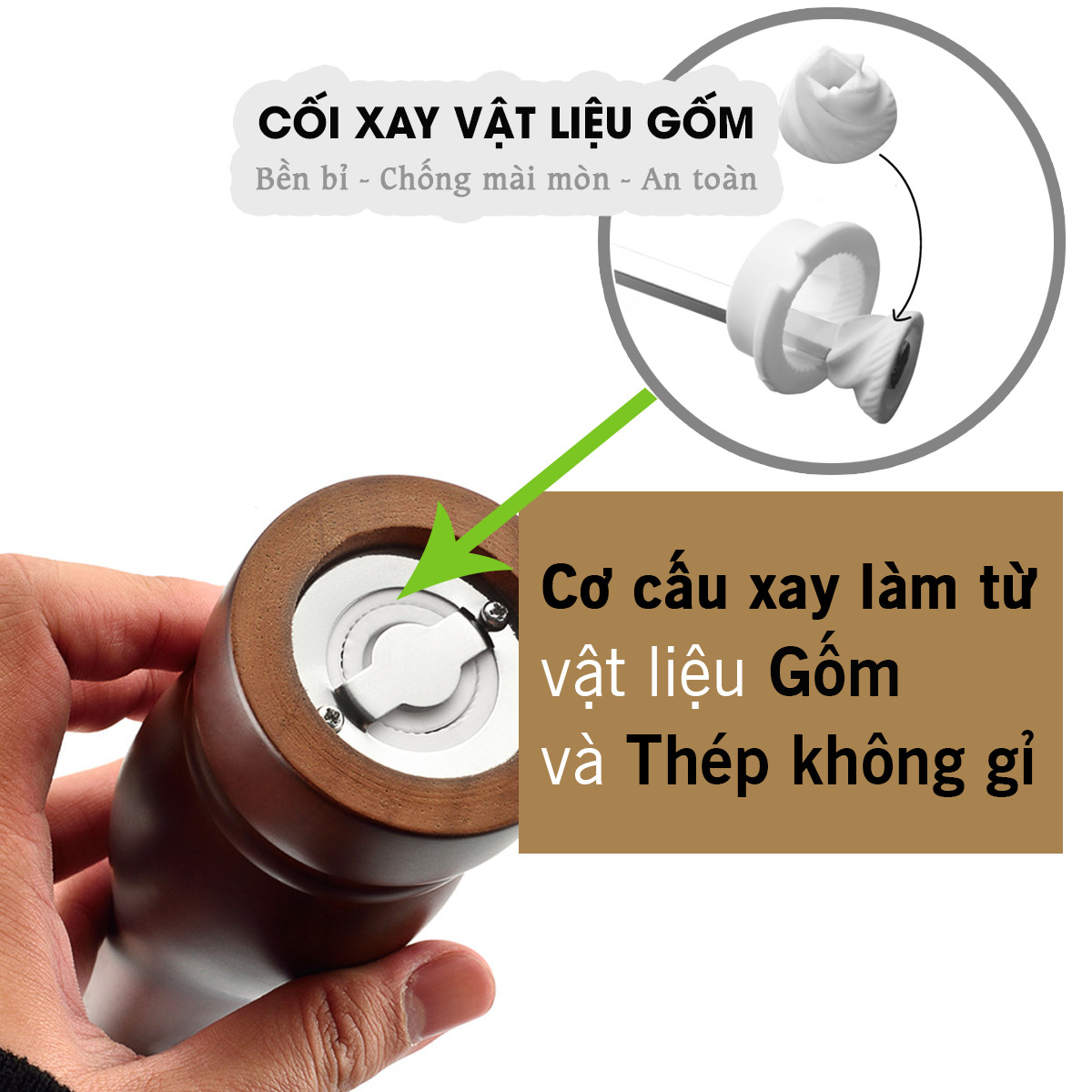 Xay tiêu cầm tay gỗ óc chó sang trọng (GA08), lọ xay hạt tiêu với gối xay bằng gốm dễ dàng điều chỉnh độ mịn