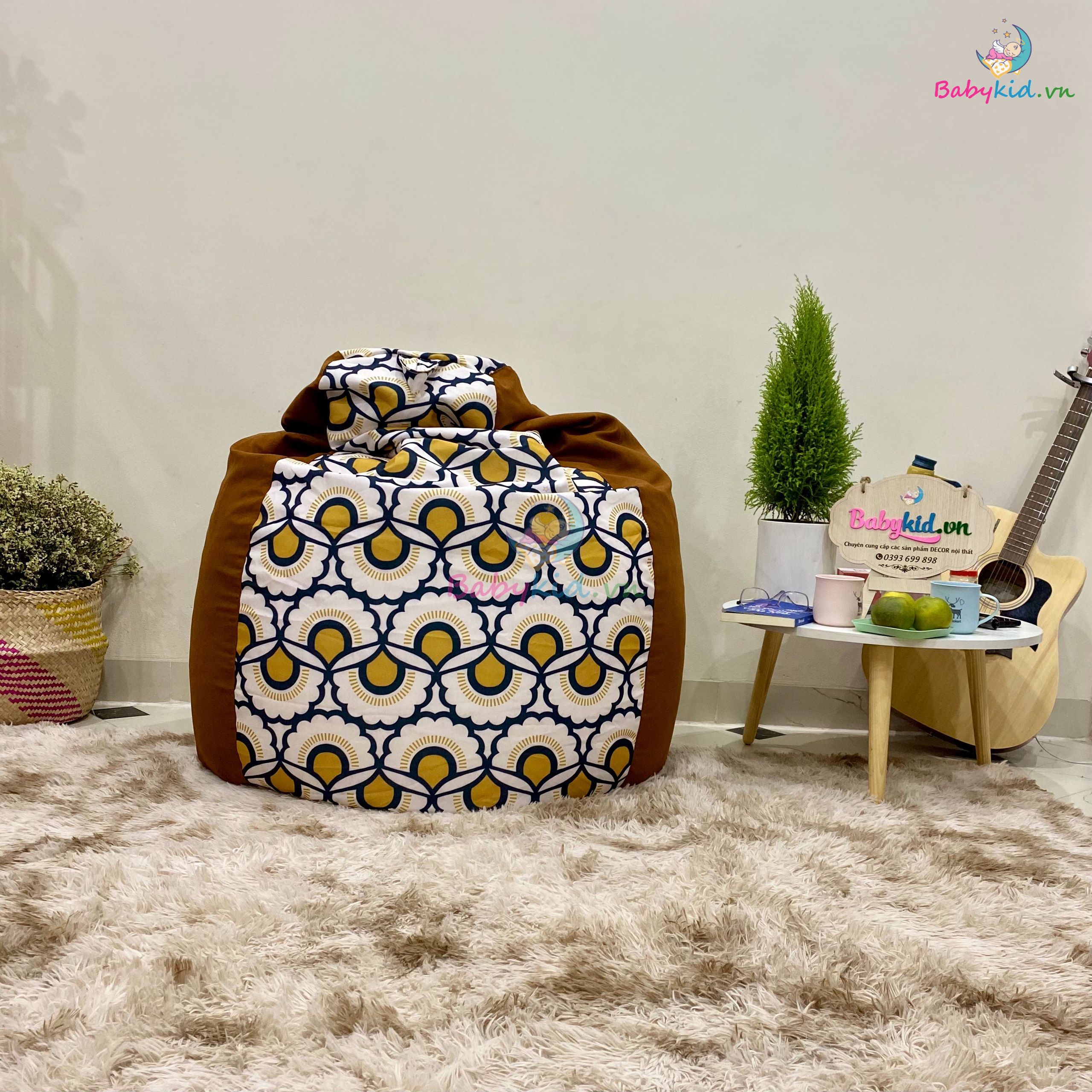 Ghế xốp dáng lê size L 90x120cm THÔ HÀN mát hoạ tiết hình quạt mix cam DA LỘN - CÓ SẴN XỐP