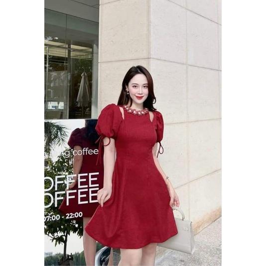 ĐẦM ĐỎ TAY PHỒNG ĐÍNH HOA XINH XẮN