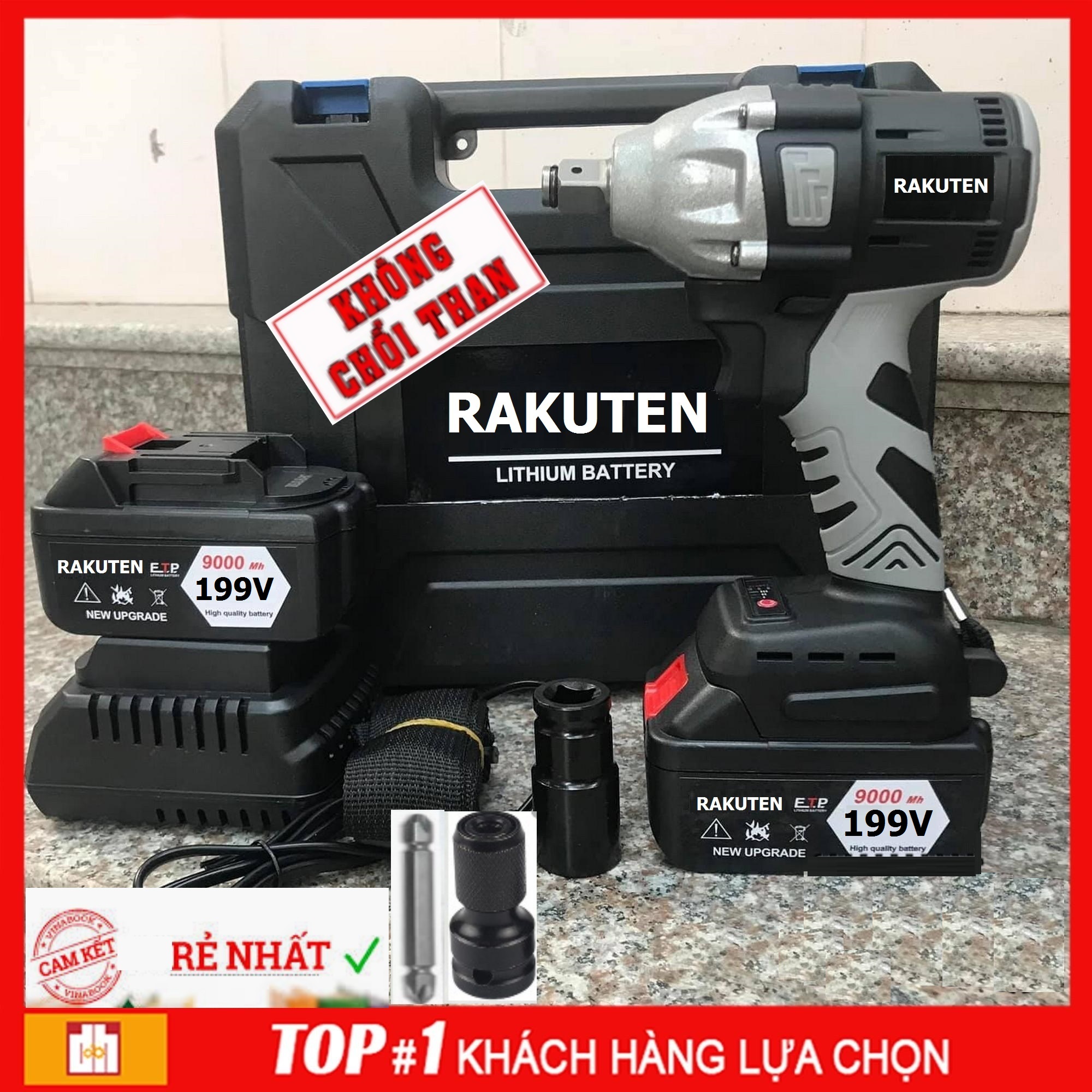 Máy siết bulong Không chổi than RAKUTEN 199V tặng đầu chuyển thành máy bắn tôn.máy bắt vít