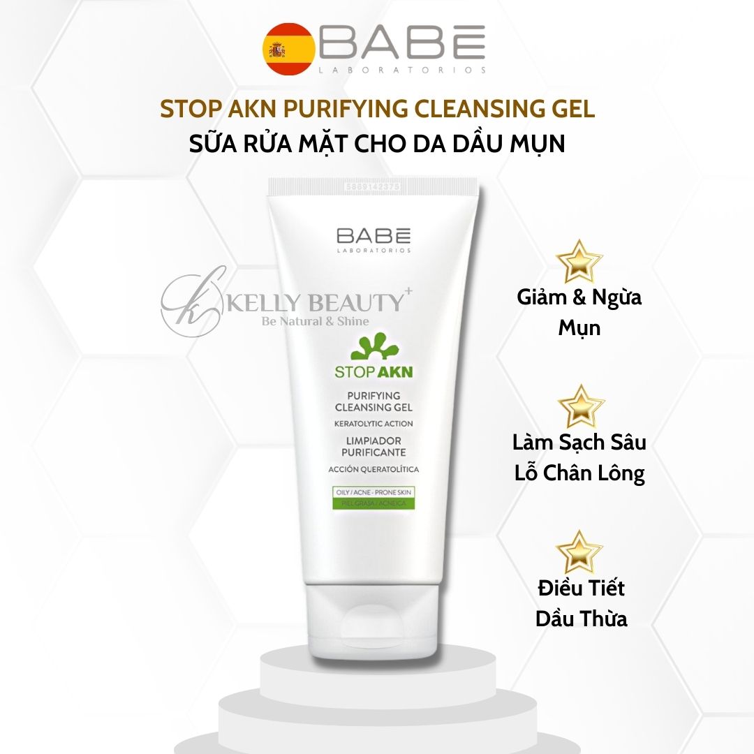 Gel Rửa Mặt Cho Da Dầu Mụn BABE Stop AKN Purifying Cleansing Gel - Làm Sạch Sâu, Kiềm Dầu, Giảm Sưng Viêm | Kelly Beauty