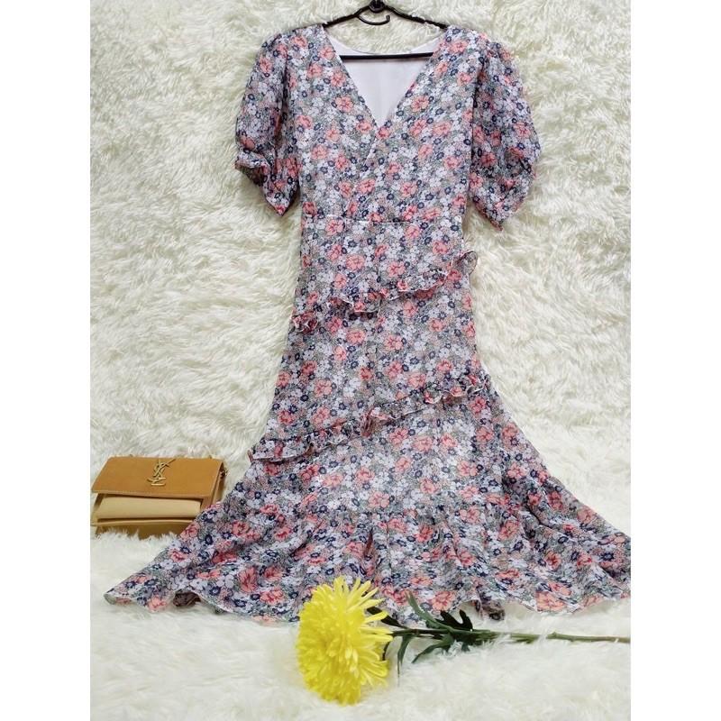 Đầm maxi cổ đắp chéo phối bèo xinh