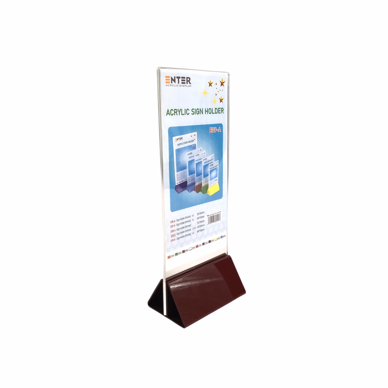 Kệ menu nhà hàng, Standee mica để bàn, Bảng quét mã QR Code, Kệ mica 2 mặt Enter E09-A 100x210mm đế lùa uốn chân chữ A