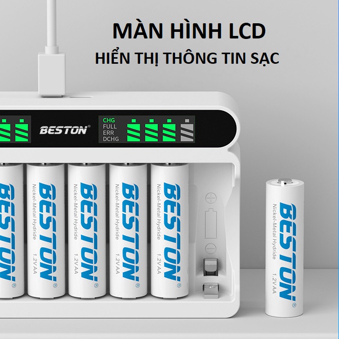 Hình ảnh Bộ Sạc pin AA AAA Beston C9024L 8 khe, mẫu mới 2022 sạc nhanh, tự ngắt khi đầy, đèn LED báo thông minh