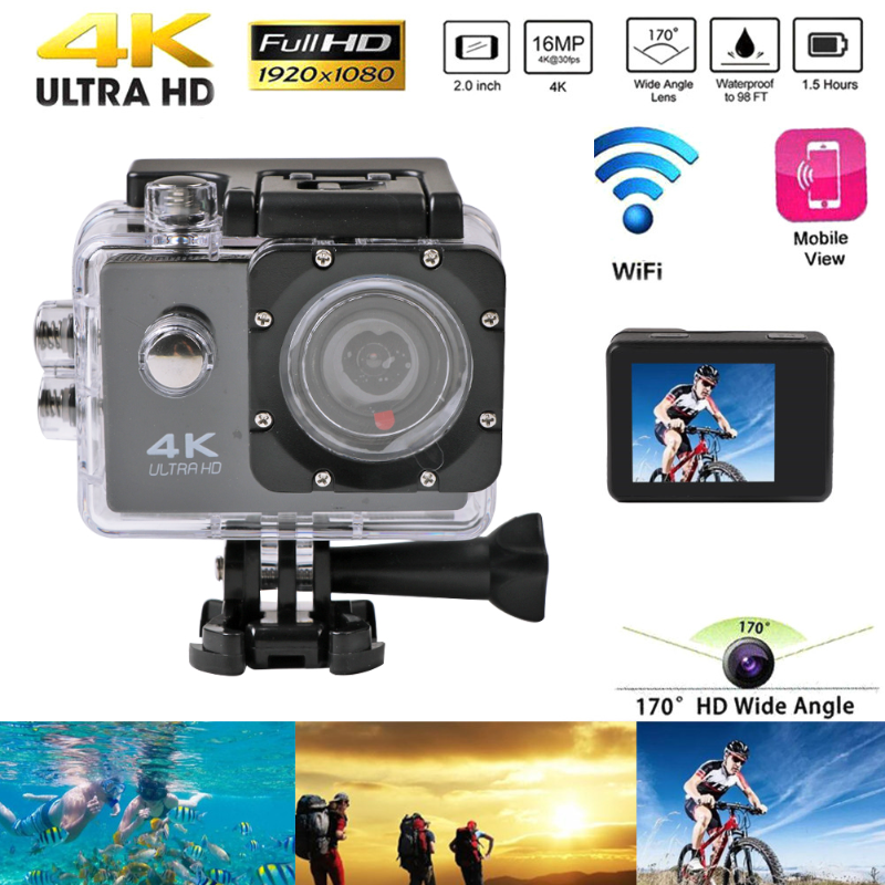 Máy ảnh hành động mũ bảo hiểm 12MP 4K / 25fps Ultra HD LCD màn hình WiFi Máy ảnh kỹ thuật số 170d Go Waterproof Pro Sport DV Camera cam