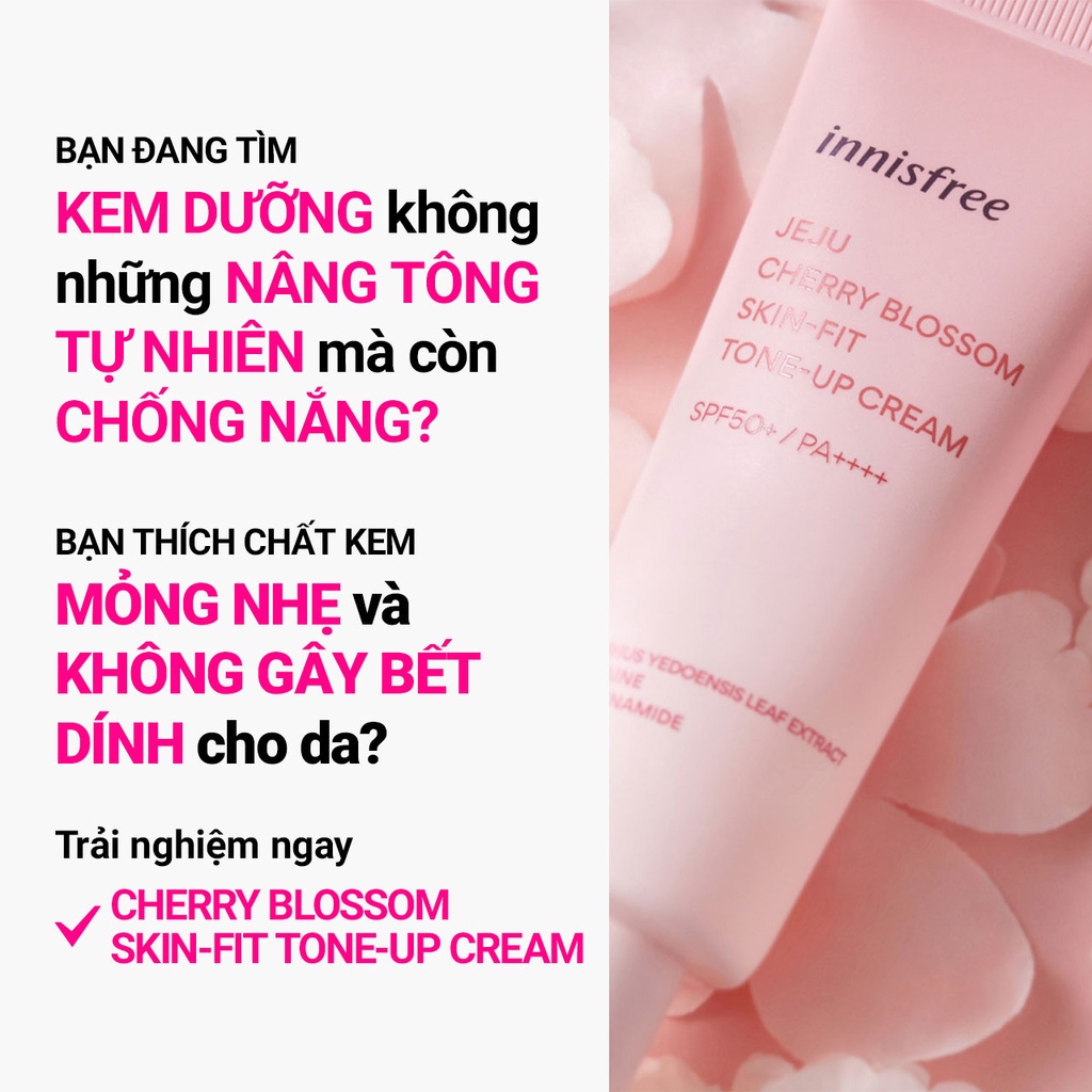 Kem dưỡng ẩm làm sáng chống nắng cho da innisfree Cherry Blossom Glow Skin-Fit Tone-Up Cream SPF 50+PA++++ 50ml