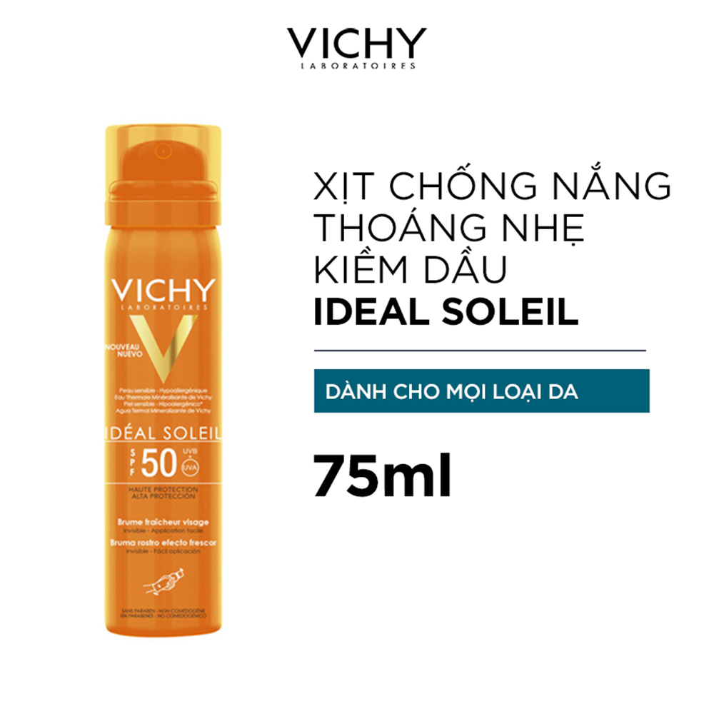 Xịt Khoáng Chống Nắng Giảm Dầu Khô Ráo Và Không Gây Nhờn Rít SPF 50 PA+++ UVA &amp; UVB Vichy Ideal Soleil 75ml