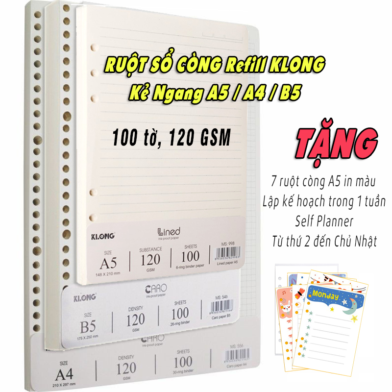 Sổ còng/Ruột refill Klong caro, kẻ ngang, chấm bi A5 A4 B5 - 100 tờ 120gsm, tặng 6 ruột Happy Note