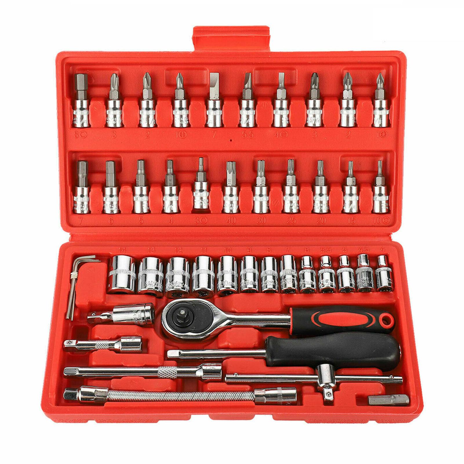 46Pcs Ratchet Wrench Socket Tools Set Metric 1/4'' Drive Screwdriver with Box