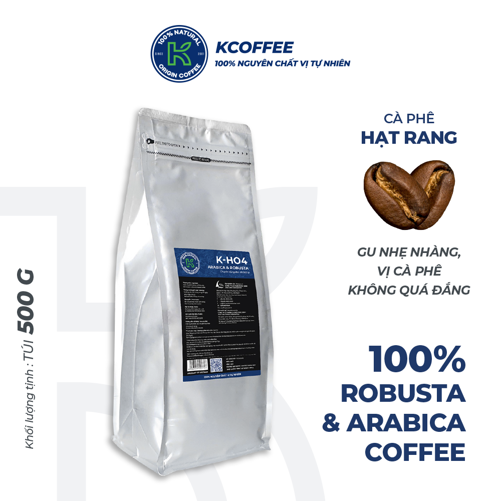 Cà phê hạt rang K Coffee 100% Robusta Arabica nguyên chất cà phê đậm vị K-HO4 (500g/Túi)