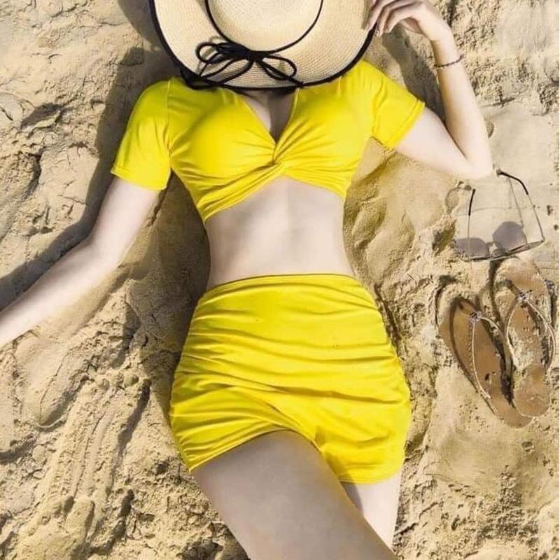 Bikini 2 mảnh cạp cao xoắn ngực tay ngắn tôn dáng gợi cảm sang chảnh đồ bơi nữ đi biển thun lạnh co dãn 4 chiều QP001