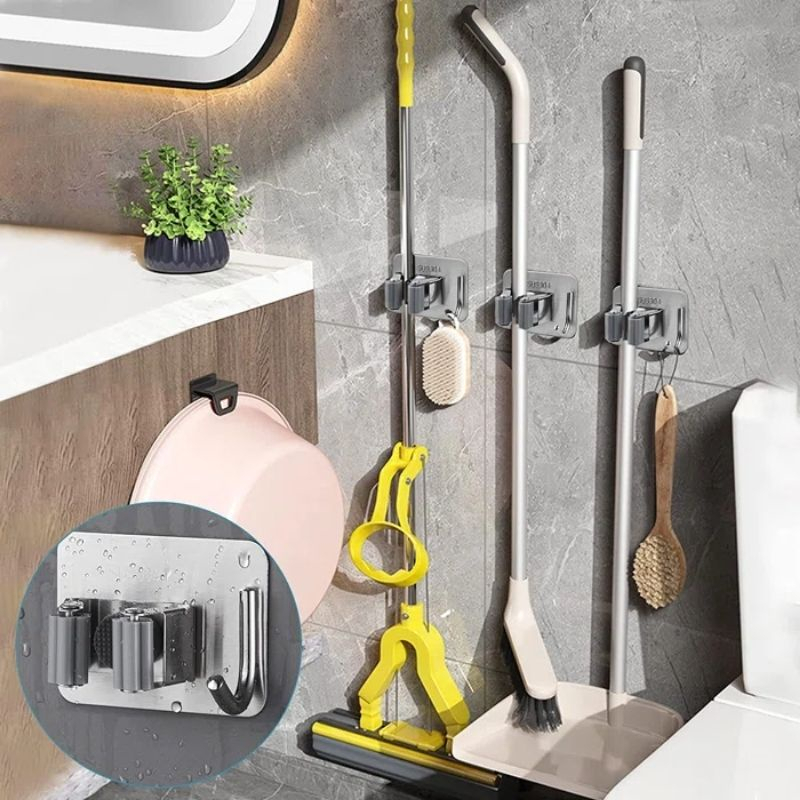 Kẹp Giữ Chổi, Cây Lau Nhà Dán Tường 2in1 Kèm Móc Treo Bằng Inox 304, Siêu Chắc Và Chịu Lực