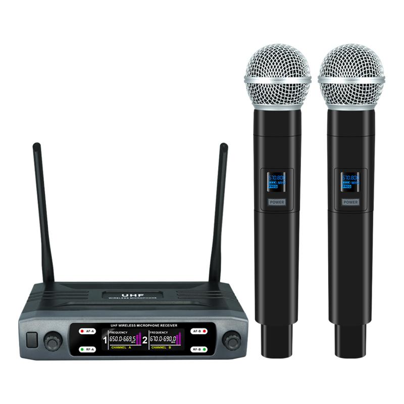 Micrô không dây Handheld Kênh kép UHF Tần số cố định Mic động cho ban nhạc tiệc cưới karaoke