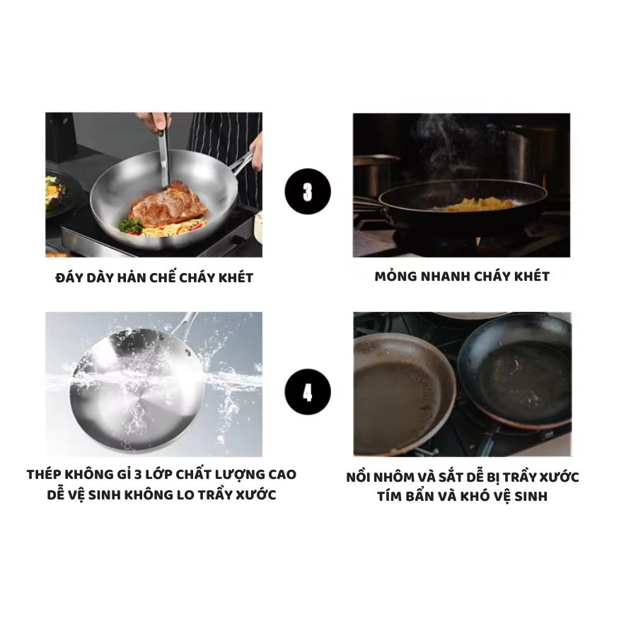Chảo Inox đáy từ 3 Lớp Mishio (Size 22, 24, 26, 28, 30cm) Đúc Nguyên Khối, Đáy Từ, An Toàn Vượt Trội - hàng chính hãng