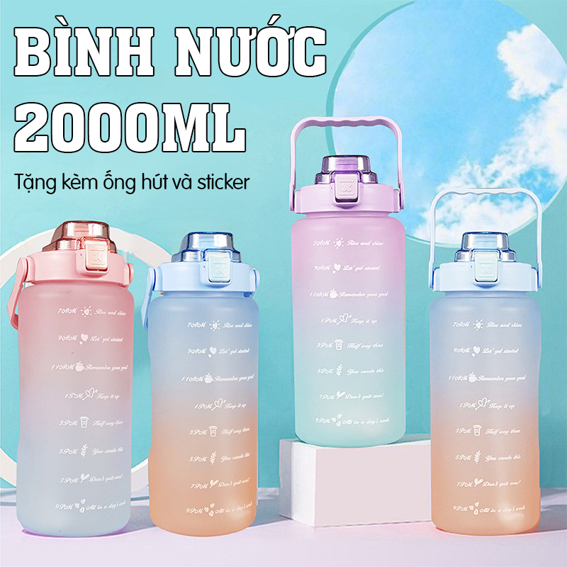 Bình nước 2l tặng sticker có vạch báo chia giờ uống nước kiểu dáng trẻ chung - K1312