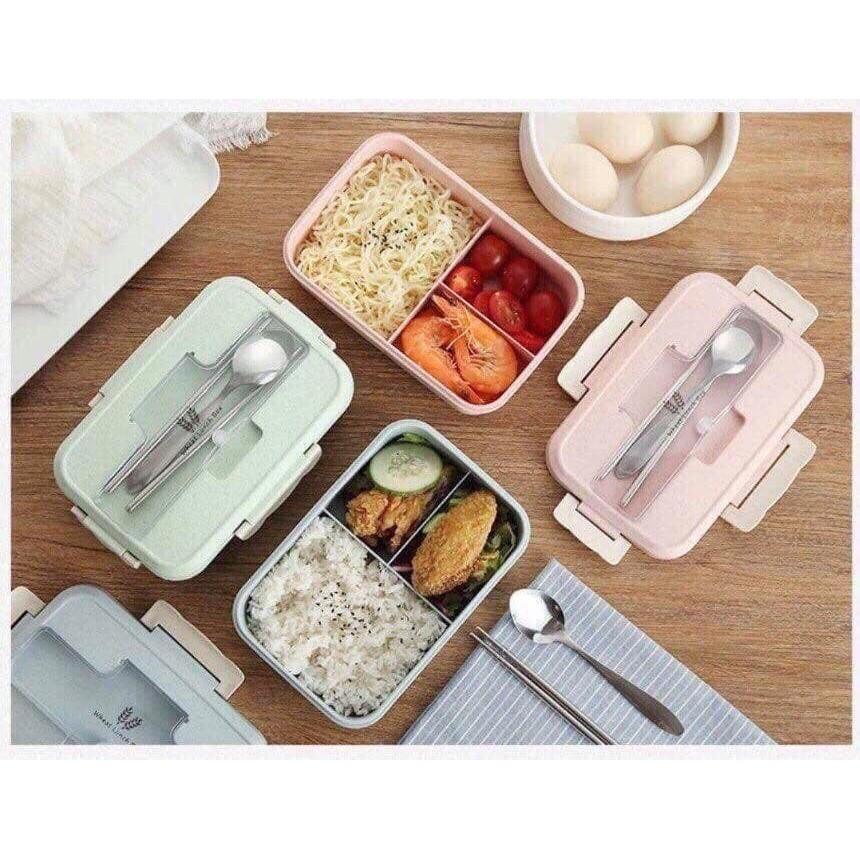 Hộp đựng cơm lúa mạch kèm đũa và thìa inox